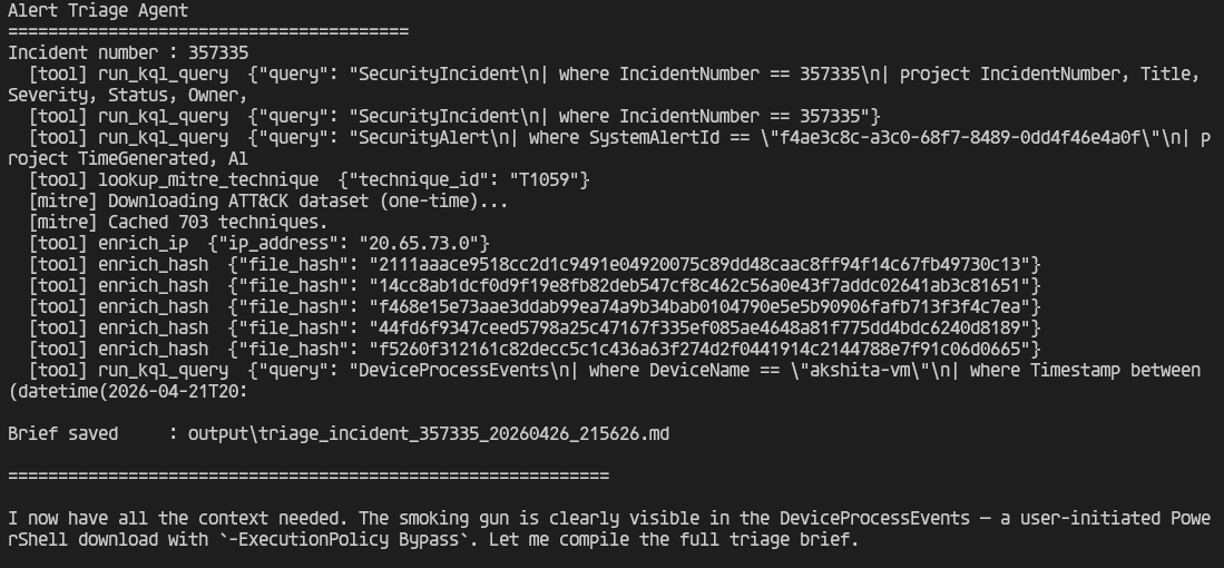 Alert Triage Agent terminal run — tool calls live